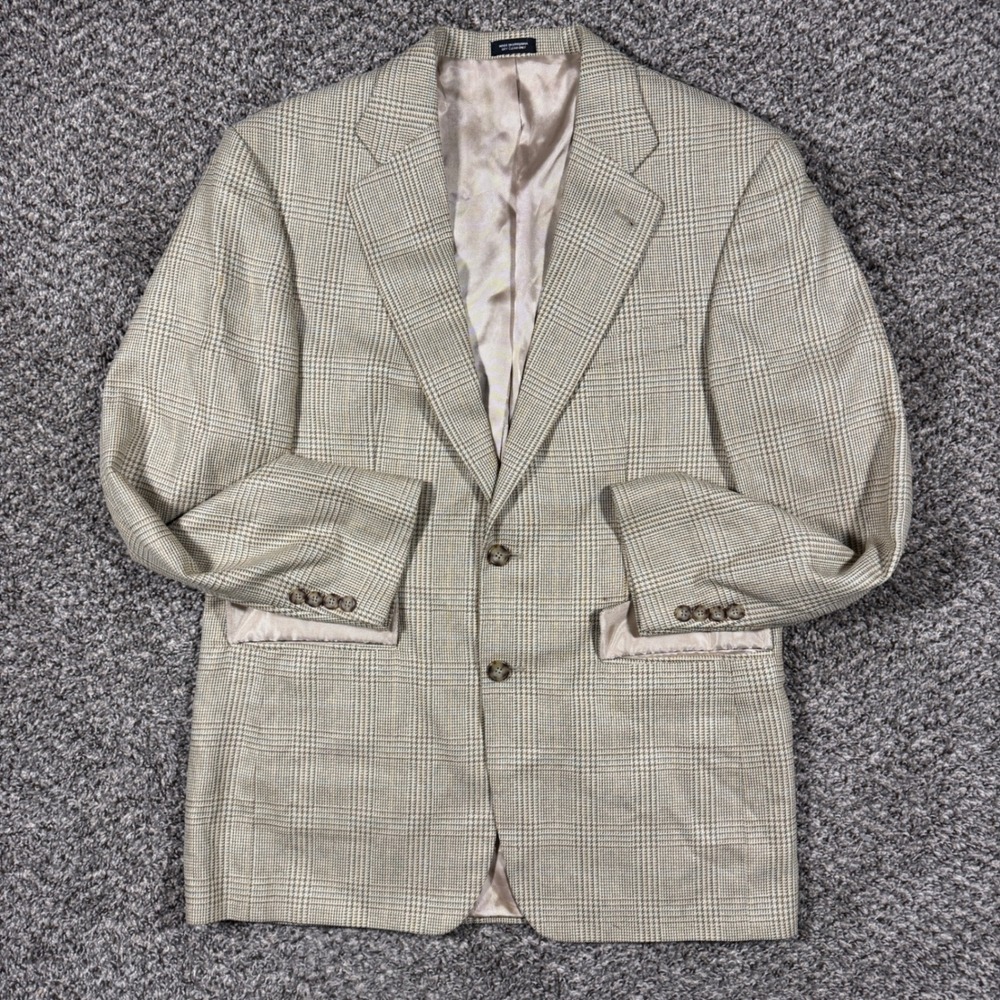 Oscar de la Renta Silk Wool Blazer 41R Tan Glen Plaid Sport Coat Non Vented